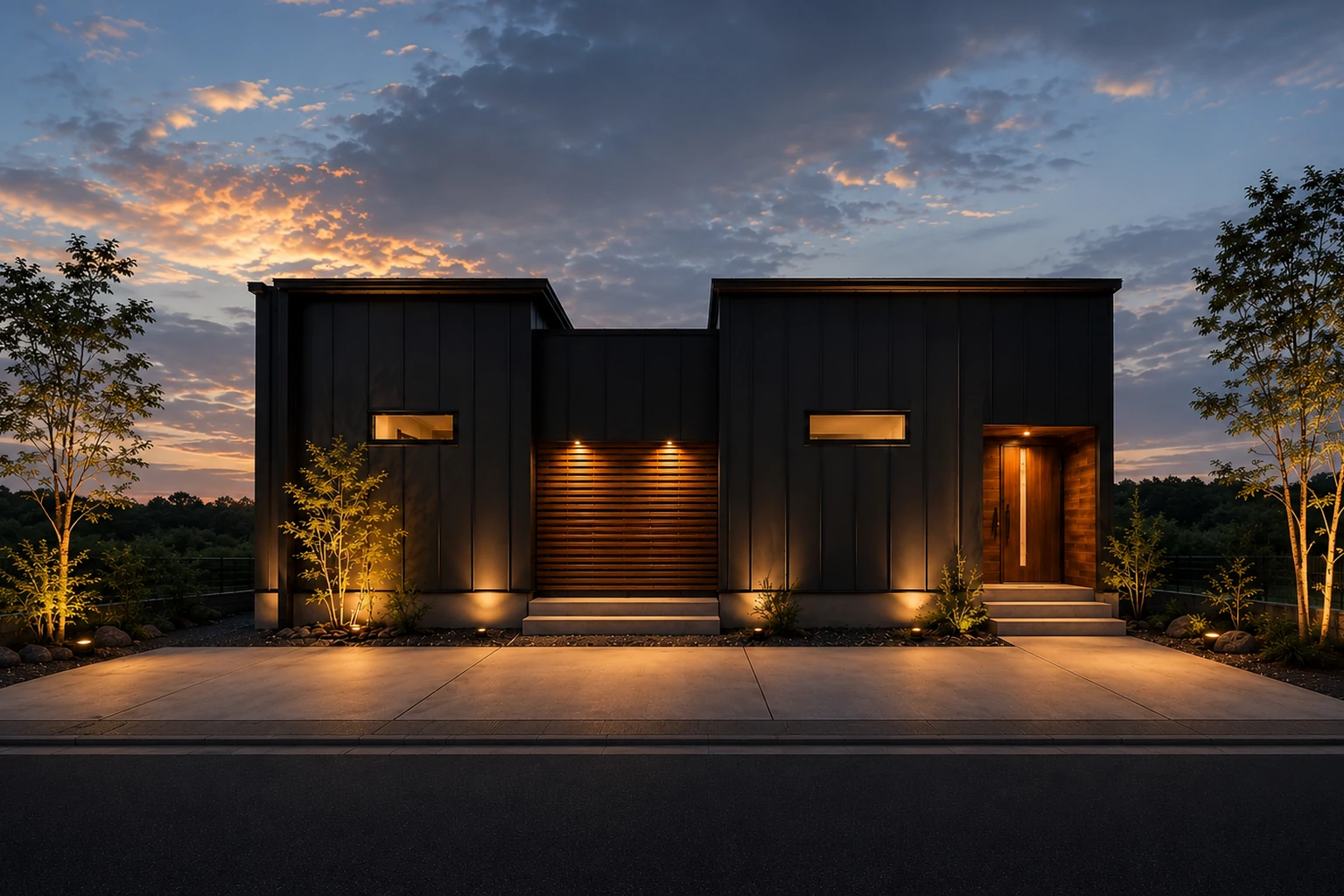 平屋の外観 ── 夕暮れの黒い外壁｜秀光ビルド徳島店