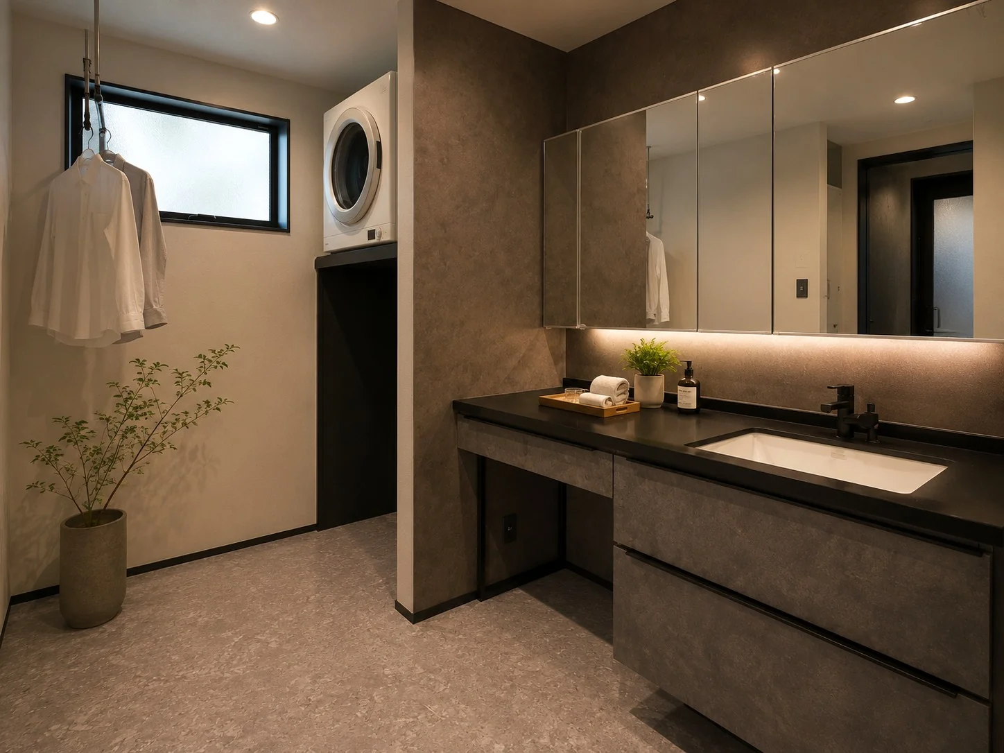 GARDEN ランドリー ── 洗う・干す・しまうがひと部屋で完結する家事室｜秀光ビルド徳島店